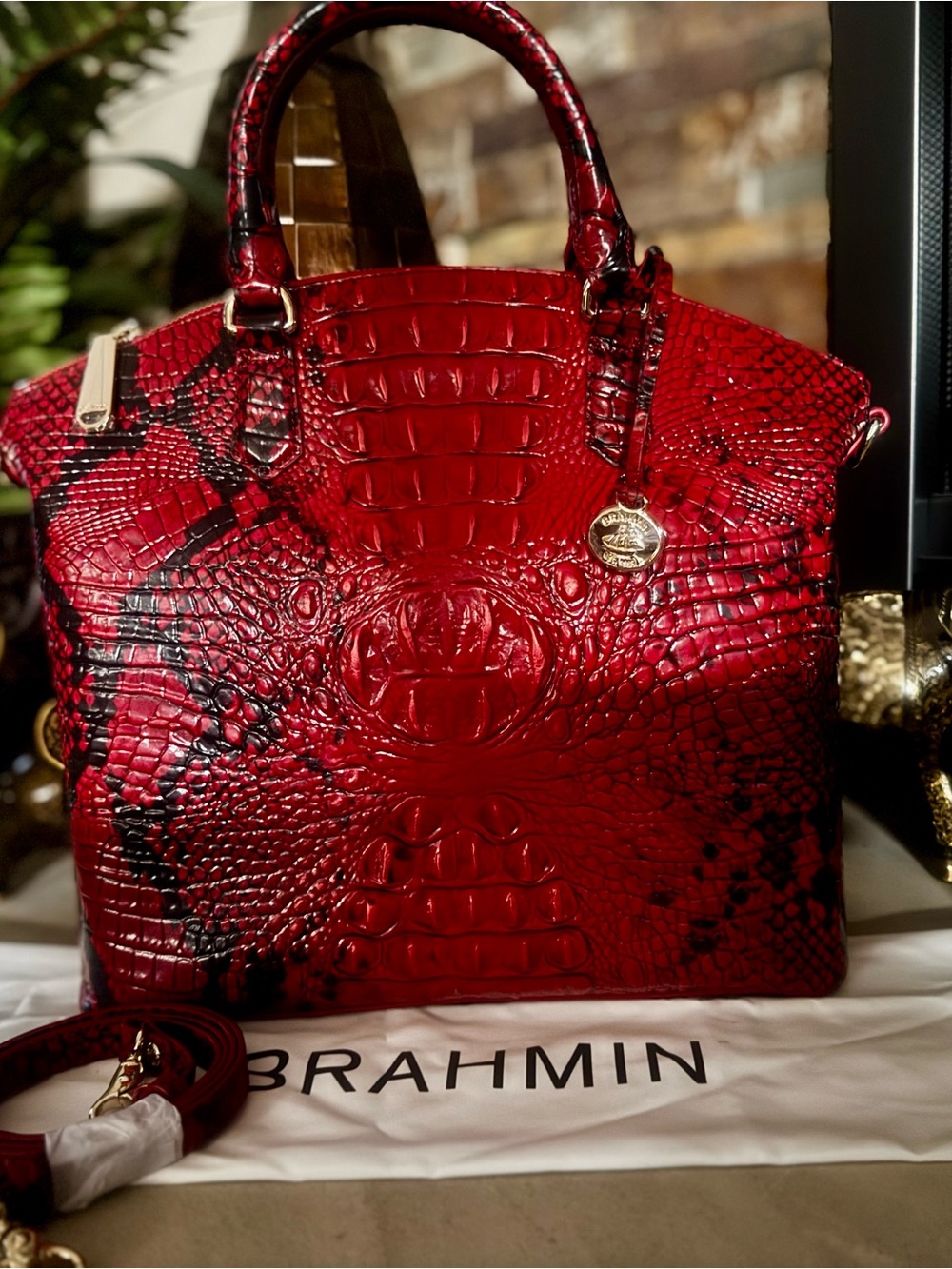 Brahmin Red and Black Croc-Embossed Satchel. Approx: 14.2" W X 12" H X 5" D